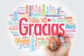 Gracias Thank You in Spanish word cloud in different languages with marker