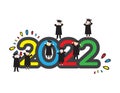 Class of 2022 colorful banner, Yellow Blue Red Green numbers and students wearing academic caps Royalty Free Stock Photo
