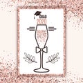 Grad 2020 class of with glass of champagne, hat, bow on striped background and scattered confetti in rose gold colors for greeting