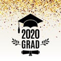 Grad 2020 class of greeting card with scroll, hat, laurel on beige background with falling golden confetti for invitation, banner