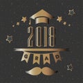 Grad of Class 2018 with mustache, graduation cap and stars in gold rich on festive background