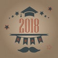 Grad of Class 2018 with mustache, graduation cap and stars. Retro Style Collection. Festive bubbly background