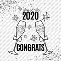 Grad greeting card 2020 class of with two glasses of champagne, hat and fireworks for invitation, banner, poster, postcard. Silver