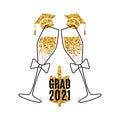 Grad 2021 invitation card with two glasses of champagne, golden confetti hats, bell for card, web banner, poster, postcard. Vector