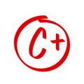 Grade C Plus result vector icon. School red mark handwriting C plus circle