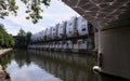 Grade II listed Grand Union Walk housing by Nicholas Grimshaw and Regent`s Canal in Camden Town. Royalty Free Stock Photo