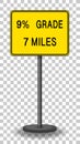 9% grade 7 miles road sign isolated on transparent background Royalty Free Stock Photo