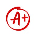 Grade A Plus result vector icon. School red mark handwriting A plus circle