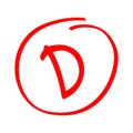 Grade result D. Hand drawn vector grade D in red circle. Test exam mark report