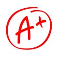 Grade result A plus. Hand drawn vector grade A plus in red circle. Test exam mark report