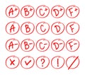 Grade results set. Hand drawn vector grade in red circle. Test exam mark report