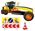 Grader and road signs, vector illustration