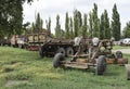 Grader on a trailer for heavy equipment. Royalty Free Stock Photo