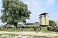 Grader on a trailer for heavy equipment. Royalty Free Stock Photo