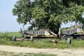 Grader on a trailer for heavy equipment. Royalty Free Stock Photo