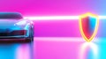 A gradient backdrop with a car and a bold glowing shield icon in the foreground. Royalty Free Stock Photo