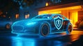 A gradient backdrop with a car and a bold glowing shield icon in the foreground. Royalty Free Stock Photo