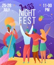 Gradient cartoon flat characters,musical band double bass,happy party people rejoice-holiday summer jazz night fest,open