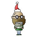 gradient cartoon of a worried man with beard and stack of books wearing santa hat