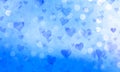 Gradient cloudy blue background with many bokeh shiny circles and falling hearts