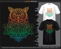 gradient Colorful owl bird mandala arts illustration isolated on black and white t shirt Royalty Free Stock Photo