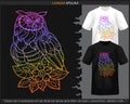 gradient Colorful Owl bird mandala arts isolated on black and white t shirt Royalty Free Stock Photo