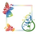 Gradient frame with funny snowman, holly berries and Christmas bells silhouettes Royalty Free Stock Photo