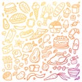 Gradient hand-drawn food poster. Colorful illustration with different dishes.