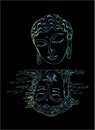 A gradient illustration of a buddha and his reflection. Colorful drawing