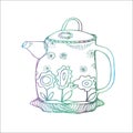 Neon illustration of a flower decorated teapot in the old style. Royalty Free Stock Photo