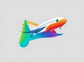 gradient line with plane icon and rainbow shine. Overlapping multicolor emblem. Ideal for colorful travel app, delivery design, av