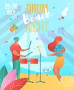 Gradient modern flat cartoon characters playing drums,dancing-holiday summer music fest,beach night party,open air flyer banner Royalty Free Stock Photo