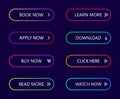 Gradient neon buttons. Button with arrow for call action, web buy, more, next, learn, download. Modern menu collection for Royalty Free Stock Photo