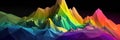 Gradient rainbow colored topographic grid terrain with hills and mountains. AI generative illustration