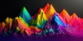 Gradient rainbow colored topographic grid terrain with hills and mountains. AI generative illustration