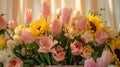 A gradient of soft pinks and yellows adorns the background of the podium with a variety of freshly bloomed tulips and