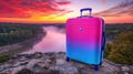 travel suitcase on a cliff at sunset view Royalty Free Stock Photo