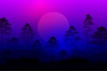 Forest in the night view, with moon, trees and purple and blue sky