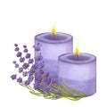 Gradient violet candles burning fire. Bouquet bunch lavender. Hand drawn watercolor illustration isolated on white