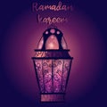 Gradient wallpaper with islamic Ramadan lanterns. Purple greeting card with an arabic candle full of stars and light.