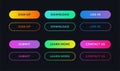 Gradient web ui buttons. Set of neon internet menu elements, app interface in dark and bright colors. Vector art