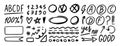 Grading hand drawn doodle set elements for school. Knowledge testing marks. grades results, frame accent line, plus and