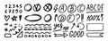Grading hand drawn doodle set elements for school. Knowledge testing marks. grades results, frame accent line, plus and
