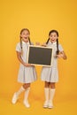 Grading scale. vintage fashion. back to school. small girls hold blackboard. children education. girls presenting Royalty Free Stock Photo