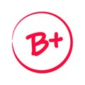 Grading system B . Grades for school with plus sign. Exam result written in red pen. Icon for student and education marker