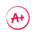 Grading system A . Grades for school with plus sign. Exam result written in red pen. Icon for student and education marker