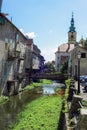 Gradna river in Samobor, view of the church on the background, Croatia Royalty Free Stock Photo