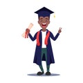 Graduate Afro-American boy smiling and wearing a black academic robe while holding a diploma certificate.