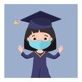 Graduate asian girl in medical mask, academic cap and mantle celebrating graduation online