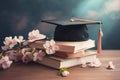 Graduate cap, apple branch and academic books. Study, education, university, college, graduate concept. Generative AI Royalty Free Stock Photo